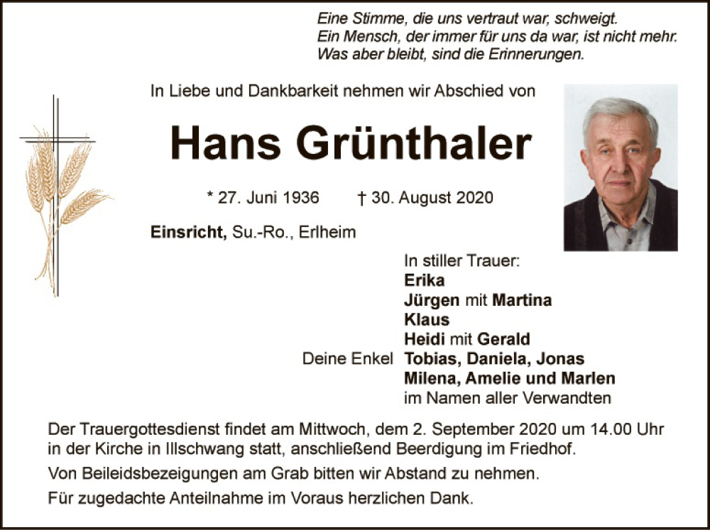  Traueranzeige für Hans Grünthaler vom 01.09.2020 aus Hauptausgabe Amberg