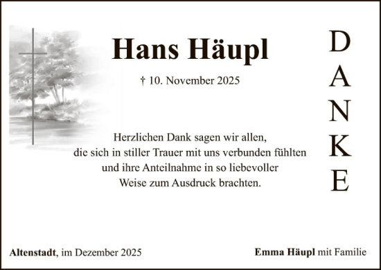 Traueranzeige von Hans Häupl von Hauptausgabe Weiden