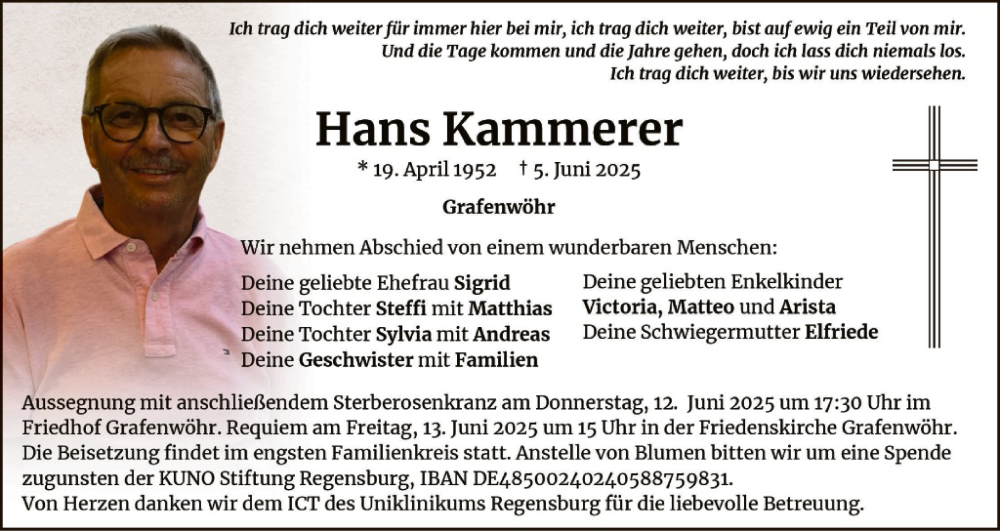 Traueranzeige für Hans Kammerer vom 11.06.2025 aus Hauptausgabe Weiden