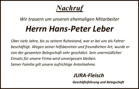 Traueranzeige von Hans-Peter Leber von Hauptausgabe Amberg