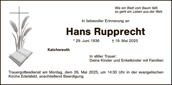 Traueranzeige von Hans Rupprecht von Hauptausgabe Amberg