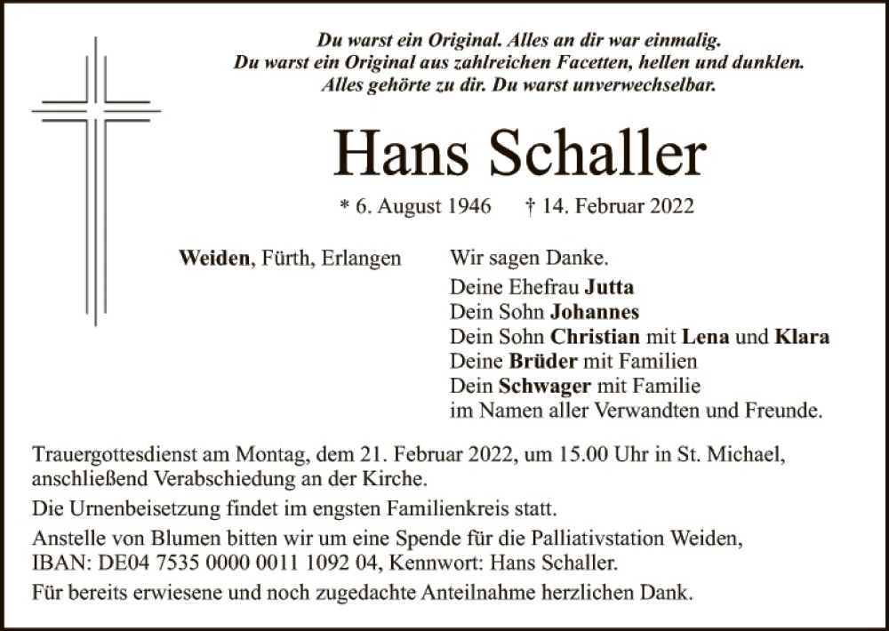  Traueranzeige für Hans Schaller vom 17.02.2022 aus Hauptausgabe Weiden