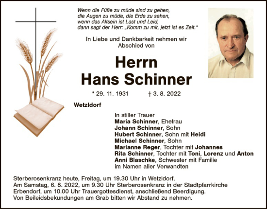 Traueranzeige von Hans Schinner von Tirschenreuth + Eschenbach - Kemnath - Erbendorf