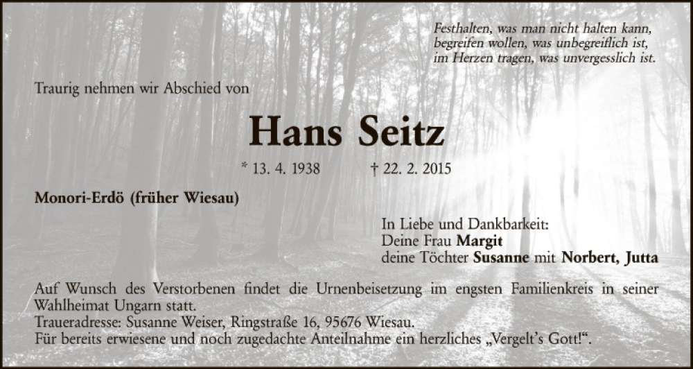  Traueranzeige für Hans Seitz vom 28.03.2015 aus Tirschenreuth + Eschenbach - Kemnath - Erbendorf