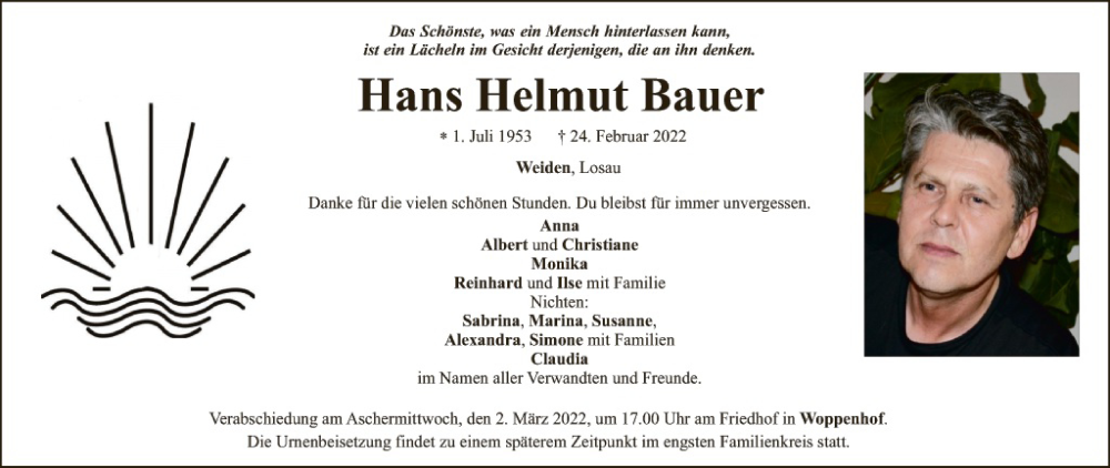  Traueranzeige für Hans Helmut Bauer vom 26.02.2022 aus Hauptausgabe Weiden