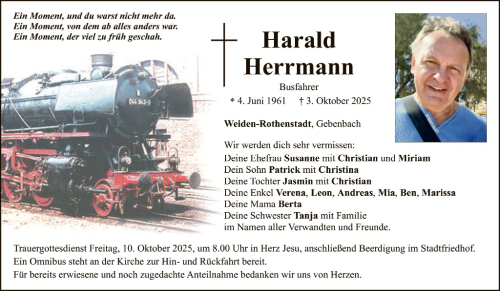  Traueranzeige für Harald Herrmann vom 08.10.2025 aus Hauptausgabe Weiden