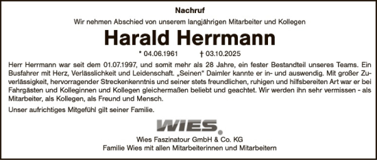 Traueranzeige von Harald Herrmann von Hauptausgabe Weiden