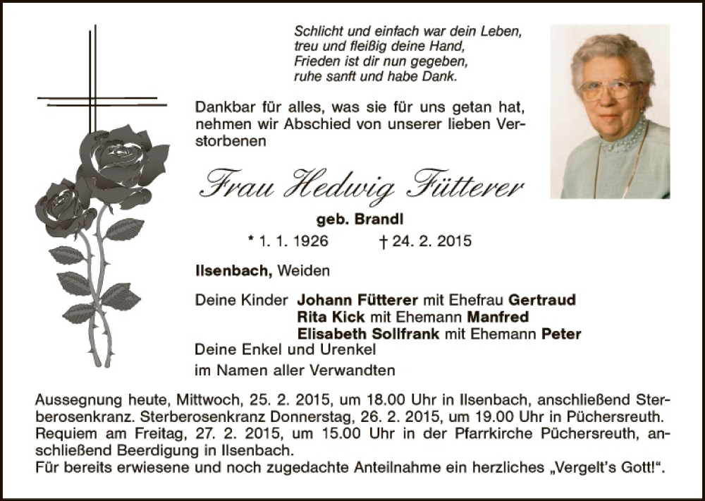  Traueranzeige für Hedwig Fütterer vom 25.02.2015 aus Hauptausgabe Weiden