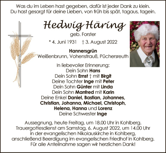 Traueranzeige von Hedwig Häring von Hauptausgabe Weiden