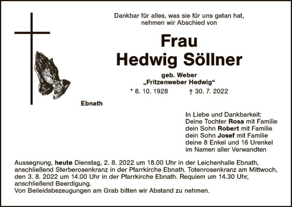 Traueranzeige für Hedwig Söllner vom 02.08.2022 aus Tirschenreuth + Eschenbach - Kemnath - Erbendorf