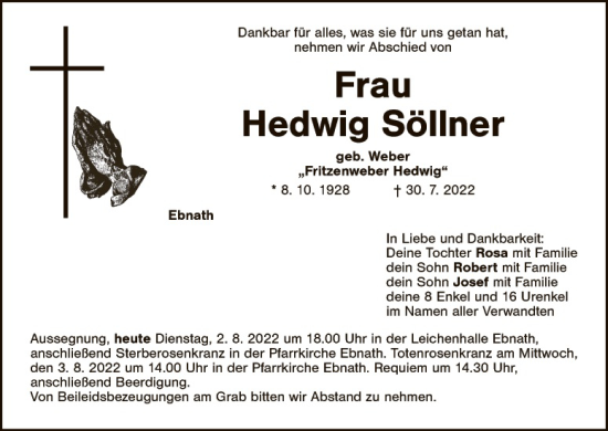 Traueranzeige von Hedwig Söllner von Tirschenreuth + Eschenbach - Kemnath - Erbendorf