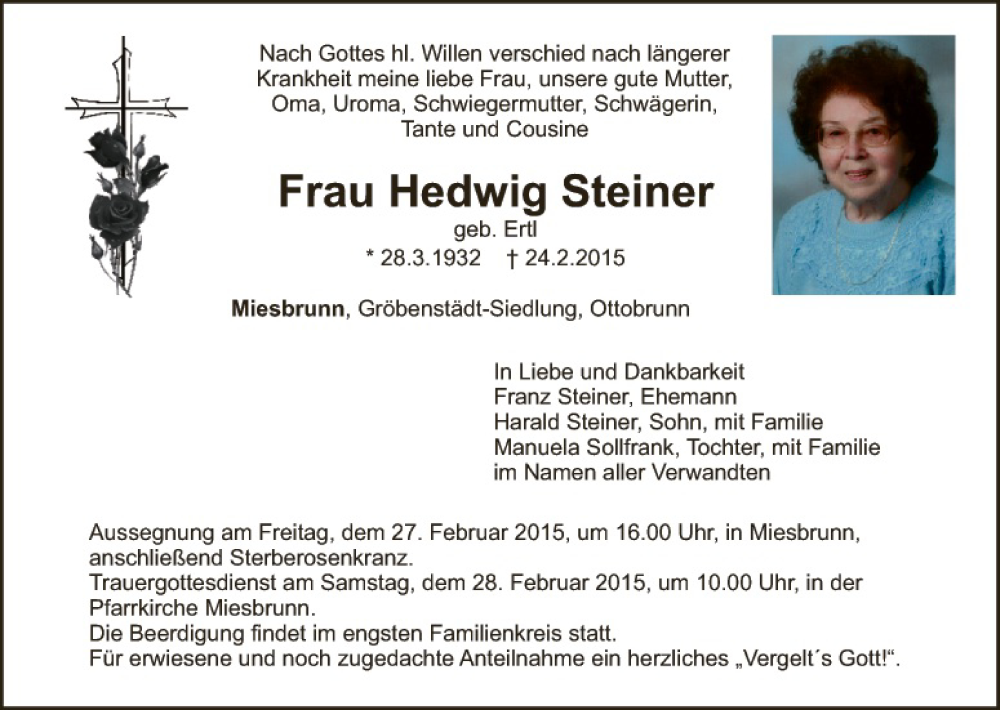 Traueranzeige für Hedwig Steiner vom 26.02.2015 aus Landkreis Schwandorf und Vohenstrauß