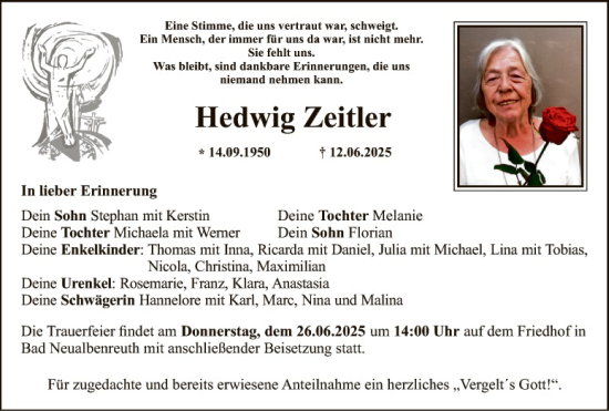 Traueranzeige von Hedwig Zeitler von Tirschenreuth + Eschenbach - Kemnath - Erbendorf