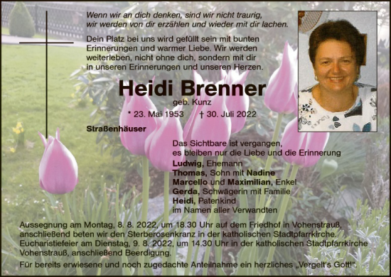 Traueranzeige von Heidi Brenner von Landkreis Schwandorf und Vohenstrauß