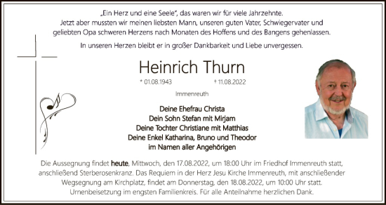 Traueranzeige von Heinrich Thurn von Tirschenreuth + Eschenbach - Kemnath - Erbendorf