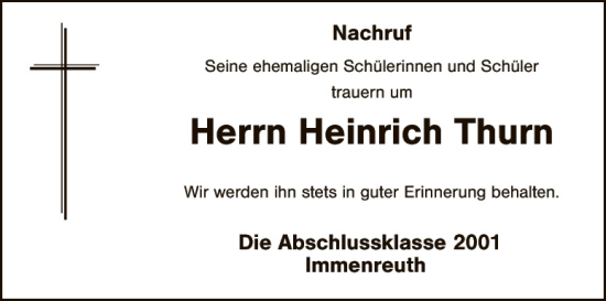 Traueranzeige von Heinrich Thurn von Tirschenreuth + Eschenbach - Kemnath - Erbendorf