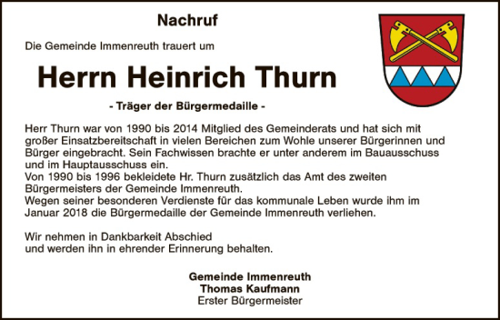 Traueranzeige von Heinrich Thurn von Eschenbach - Kemnath - Erbendorf