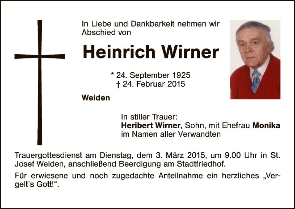 Traueranzeige für Heinrich Wirner vom 26.02.2015 aus Hauptausgabe Weiden