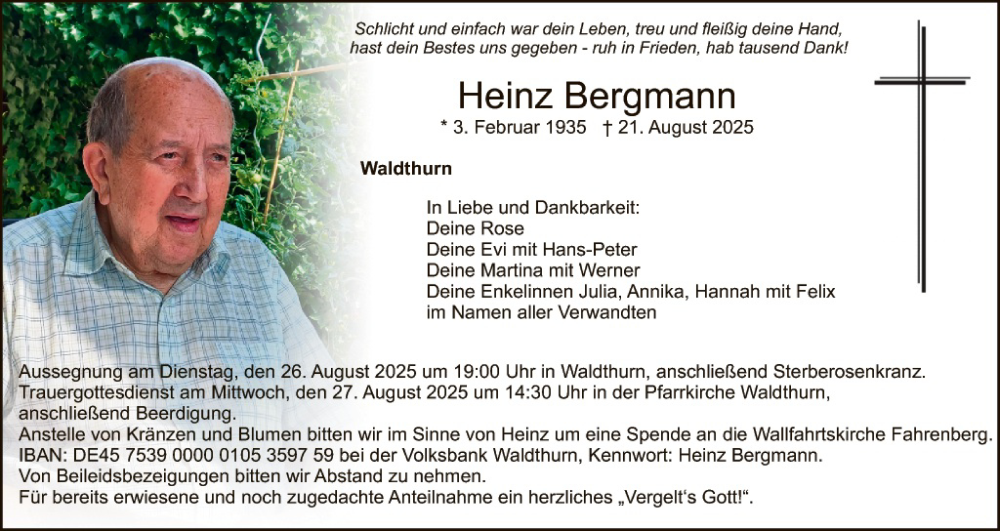  Traueranzeige für Heinz Bergmann vom 26.08.2025 aus Landkreis Schwandorf und Vohenstrauß