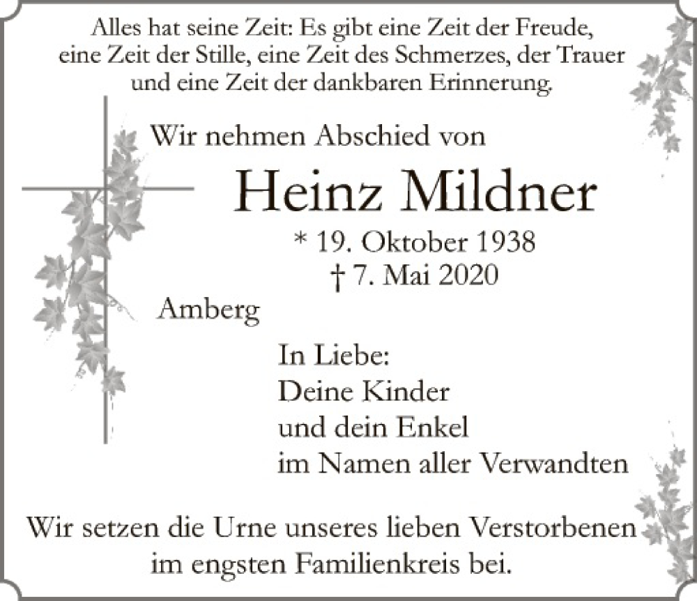  Traueranzeige für Heinz Mildner vom 14.05.2020 aus Hauptausgabe Amberg