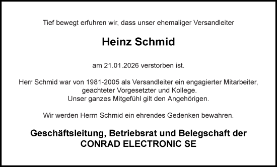 Traueranzeige von Heinz Schmid von Hauptausgabe Amberg