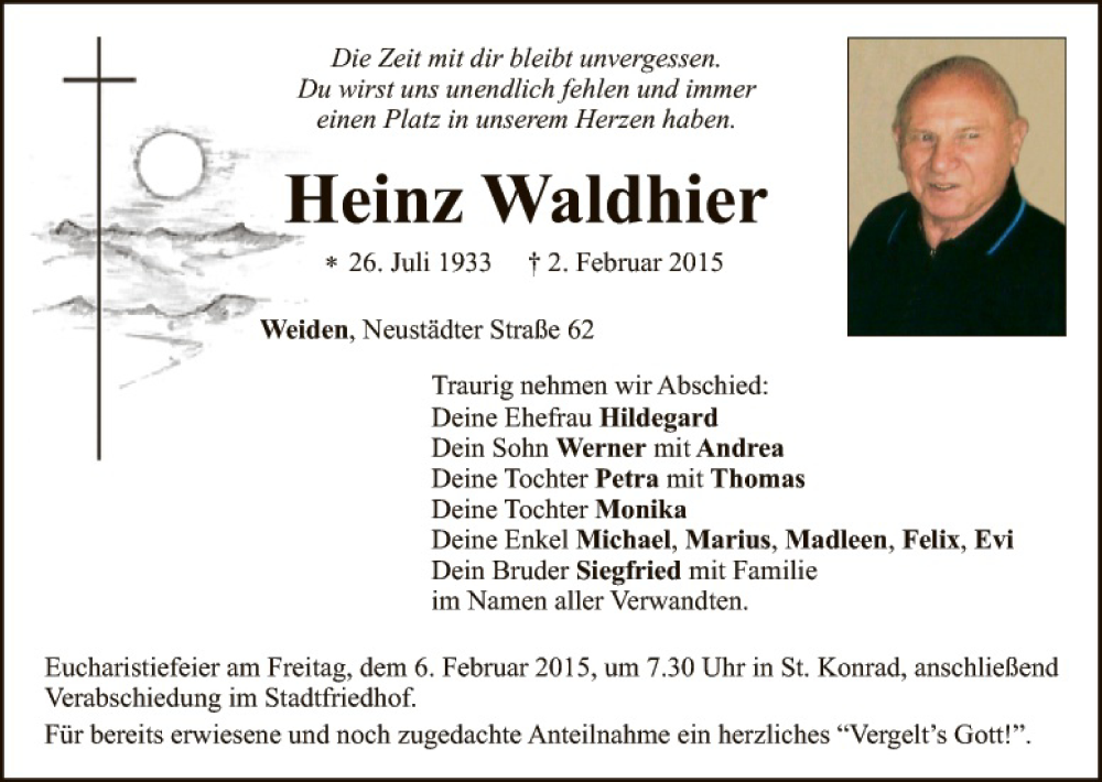 Traueranzeige für Heinz Waldhier vom 04.02.2015 aus Hauptausgabe Weiden