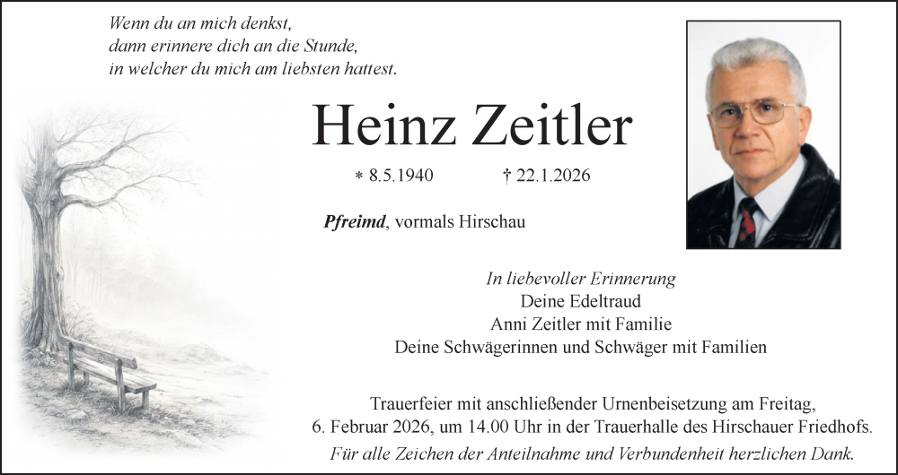  Traueranzeige für Heinz Zeitler vom 31.01.2026 aus Hauptausgabe Amberg