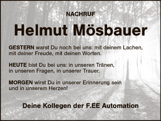 Traueranzeige von Helmut Mösbauer von Landkreis Schwandorf