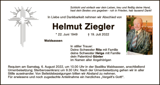 Traueranzeige von Helmut Ziegler von Tirschenreuth + Eschenbach - Kemnath - Erbendorf