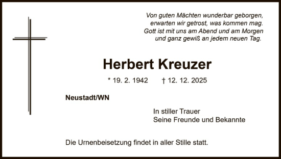 Traueranzeige von Herbert Kreuzer von Hauptausgabe Weiden