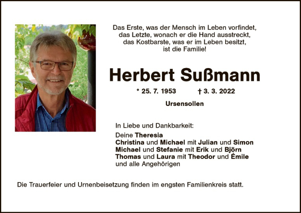  Traueranzeige für Herbert Sußmann vom 12.03.2022 aus Hauptausgabe Amberg