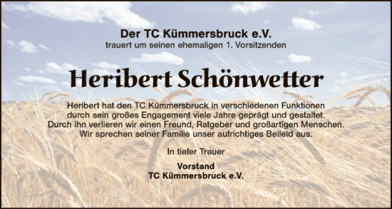 Traueranzeige von Heribert Schönwetter von Hauptausgabe Amberg