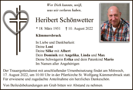 Traueranzeige von Heribert Schönwetter von Hauptausgabe Amberg