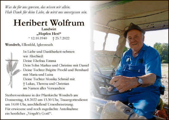 Traueranzeige von Heribert Wolfrum von Tirschenreuth + Eschenbach - Kemnath - Erbendorf