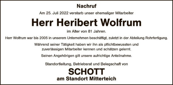 Traueranzeige von Heribert Wolfrum von Tirschenreuth