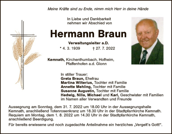 Traueranzeige von Hermann Braun von Tirschenreuth + Eschenbach - Kemnath - Erbendorf