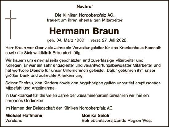 Traueranzeige von Hermann Braun von Hauptausgabe Weiden
