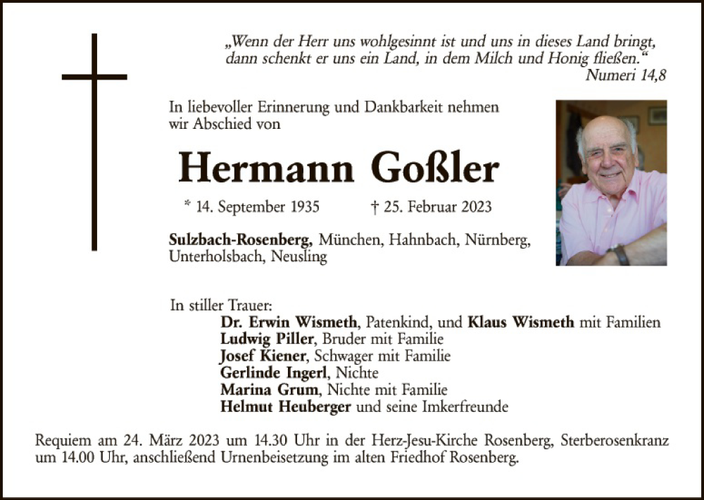  Traueranzeige für Hermann Goßler vom 18.03.2023 aus Hauptausgabe Amberg