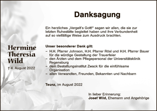Traueranzeige von Hermine Theresia Wild von Landkreis Schwandorf
