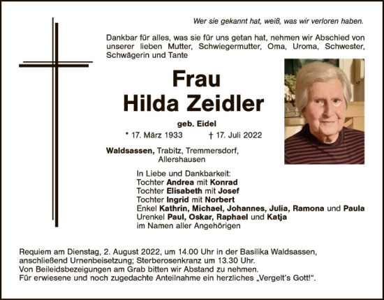 Traueranzeige von Hilda Zeidler von Tirschenreuth + Eschenbach - Kemnath - Erbendorf