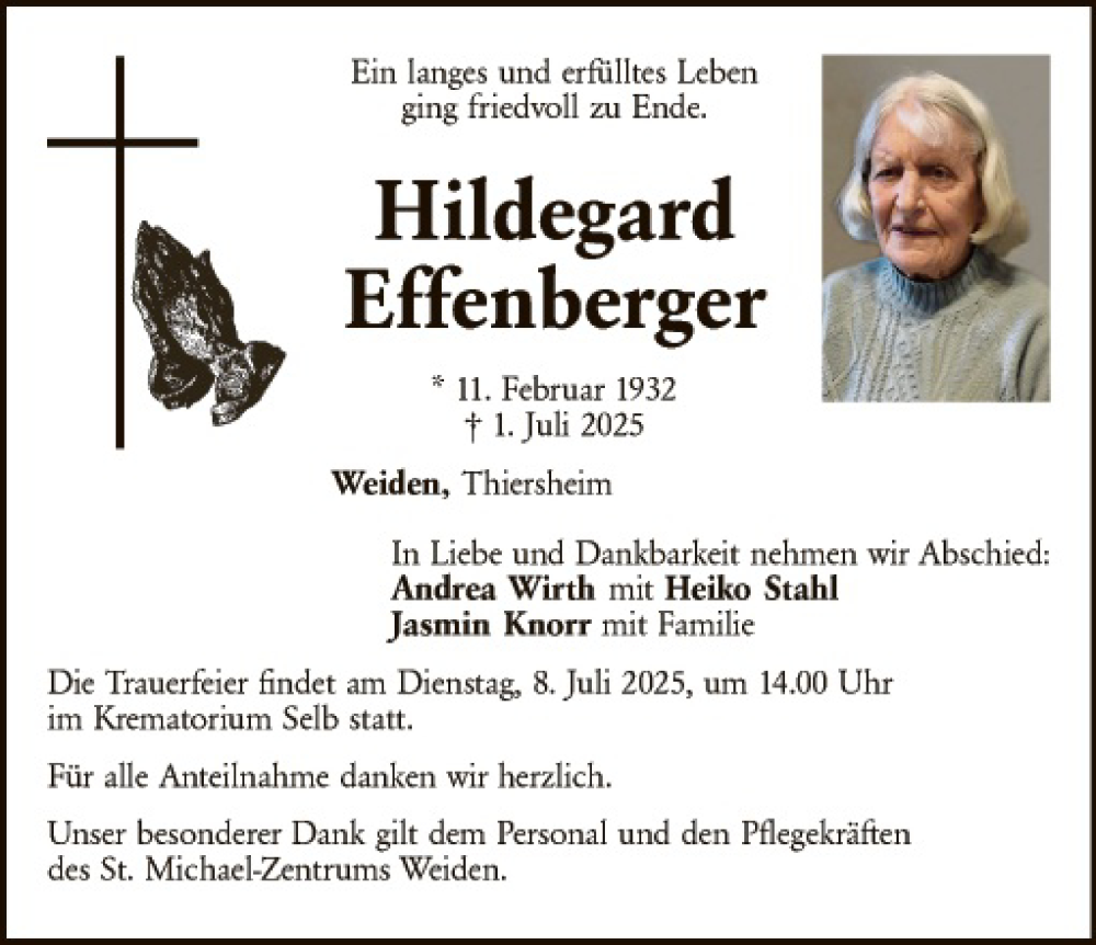  Traueranzeige für Hildegard Effenberger vom 05.07.2025 aus Hauptausgabe Weiden
