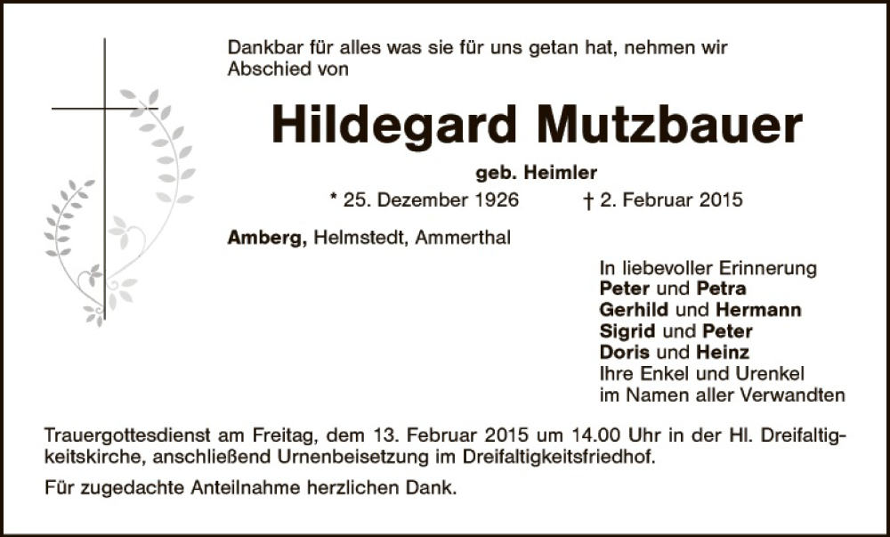  Traueranzeige für Hildegard Mutzbauer vom 11.02.2015 aus Hauptausgabe Amberg