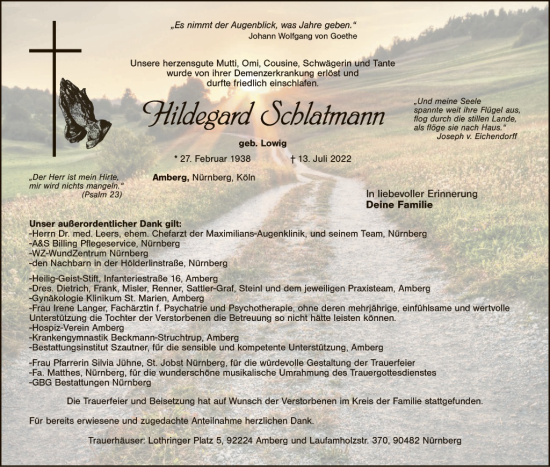Traueranzeige von Hildegard Schlatmann von Hauptausgabe Amberg