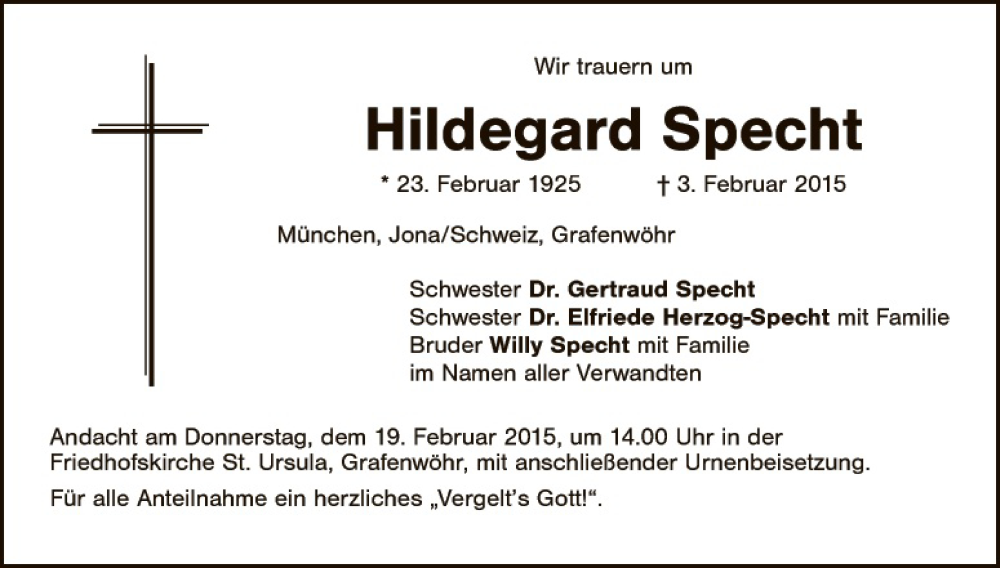  Traueranzeige für Hildegard Specht vom 16.02.2015 aus Tirschenreuth + Eschenbach - Kemnath - Erbendorf