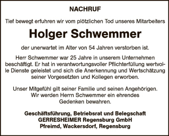 Traueranzeige von Holger Schwemmer von Gesamtausgabe