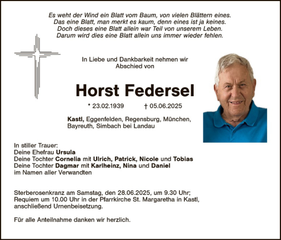 Traueranzeige von Horst Federsel von Tirschenreuth + Eschenbach - Kemnath - Erbendorf