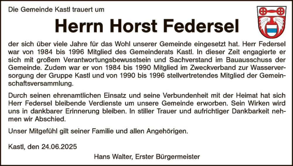  Traueranzeige für Horst Federsel vom 26.06.2025 aus Eschenbach - Kemnath - Erbendorf