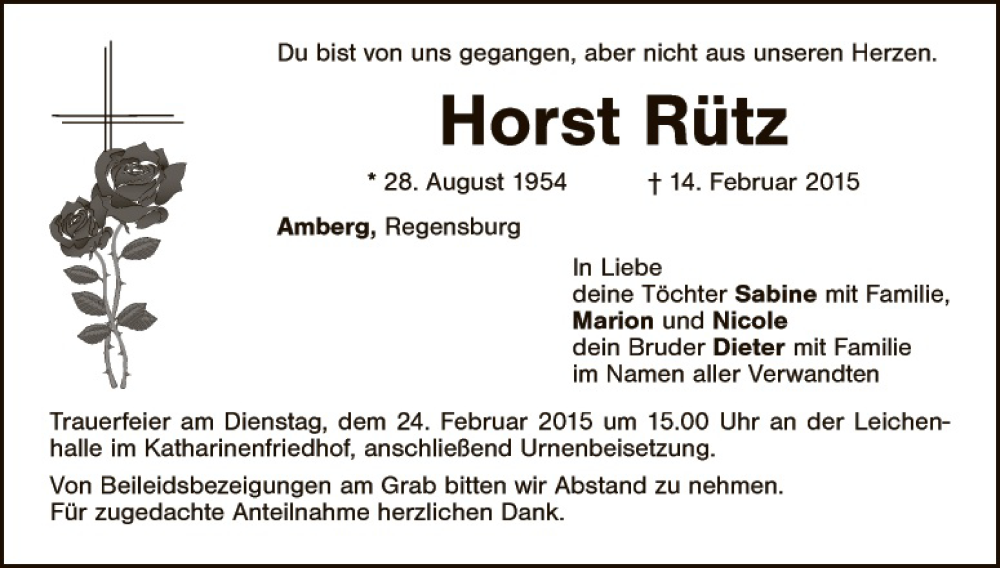  Traueranzeige für Horst Rütz vom 21.02.2015 aus Hauptausgabe Amberg