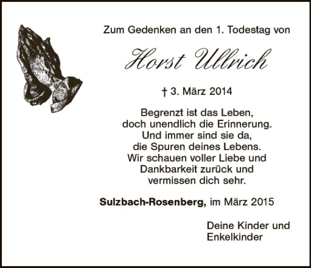  Traueranzeige für Horst Ullrich vom 03.03.2015 aus Gesamtausgabe