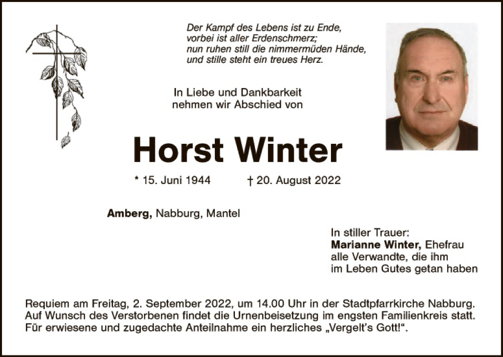  Traueranzeige für Horst Winter vom 31.08.2022 aus Landkreis Schwandorf